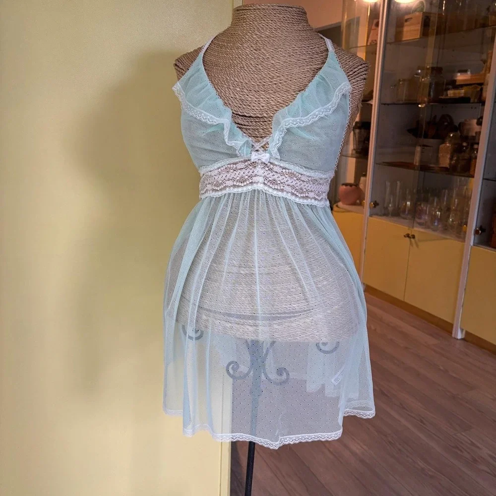 Betsey Johnson Aqua Blue Babydoll Lingerie Lace Trim Ruffle Halter Y2K - Picture 7 of 12